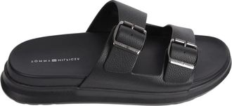 Tommy Hilfiger Schoenen, Heren, Zwart, 41 EU, Leer, Zwarte platte sandalen