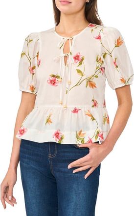 CeCe by Cynthia Steffe Floral Puff Sleeve Cotton Peplum Top in Lucent White at Nordstrom Rack, Size X-Large