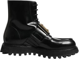 Dolce & Gabbana Leather Plaque Lace Up Boots - Heren - Veterlaarzen - Zwart - 44 EU - Leer - Schoenen