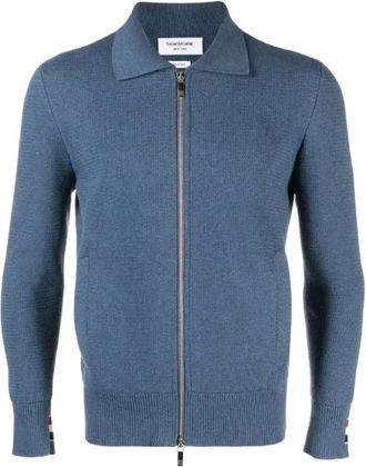Thom Browne Truien & Vesten, Heren, Blauw, XL, Katoen, Textured Stitch Bomber Jacket