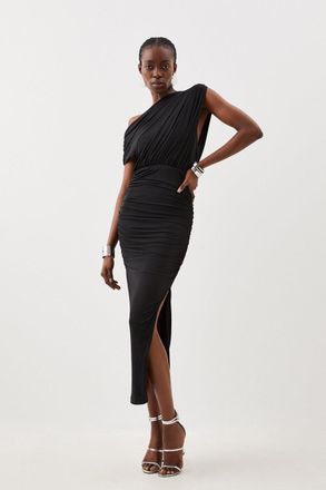 Karen Millen Womens Jersey Crepe Asymmetric Neckline Maxi Dress - Black - Size X-Small