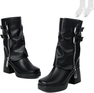 Generic Womens Mid-Calf Boots, Fashionable Slouch Boots with Side Zipper And Double Buckles, Comfortable Block Heel And Non-Slip Platform Sole, Autumn Winter 