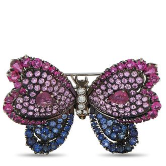 Luxury Bazaar 18K White Gold and Silver 0.40ct Diamond, Ruby, and Sapphire Butterfly Brooch MF12-070126