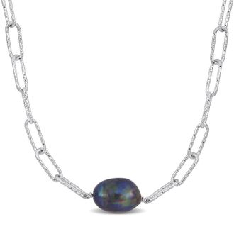 Amour 11-12mm Black Cultured Freshwater Baroque Pearl Paperclip Necklace In Sterling Silver