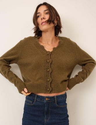 Nobody's Child Green Wool Blend Crochet Trim V Neck Cardigan