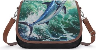 Generic Marlin Leaping Out of Water Crossbody Bags for Women Fashion Leather Shoulder Handbags With Adjustable Strap