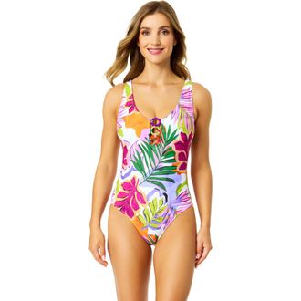 Anne Cole Womens Mod Tropical V Neck Ring Front One Piece Swimsuit at Nordstrom, Size 16