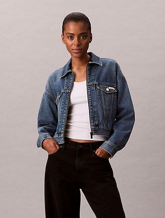 Calvin Klein Cropped Zip Up Denim Jacket
