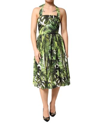 Dolce & Gabbana Green Leaves Print Cotton Halter Midi Womens Dress