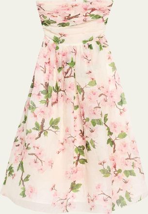 Oscar De La Renta Strapless Cherry Blossom Draped Organza Dress