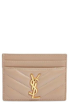 Saint Laurent Cassandra Matelass&eacute; Leather Card Case in Dusty Grey at Nordstrom