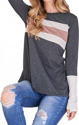 You And Me Long Sleeve Crewneck Top In Grey/taupe