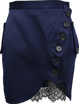Self Portrait Lace Trim Satin Buttoned Mini Skirt in Navy Blue Polyester