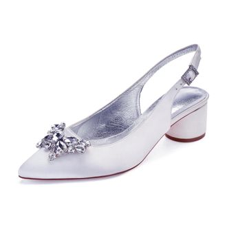 Generic Womens Pumps Pointed Toe Bridal Chunky Heel Slingback Heels Wedding Prom Party Dress Low Heels 4.5Cm,White,5 UK