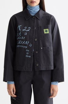 Scotch & Soda Washed Embroidery Detail Cotton Workwear Jacket in Charcoal Art at Nordstrom Rack, Size Medium