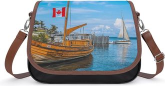 Generic Canadian Flag Ocean Port Crossbody Bag Womens Handbag PU Message Bags Shoulder Purse with Adjustable Strap