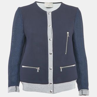Sandro Navy Blue Crepe Zip-Up Contrast Trim Jacket L
