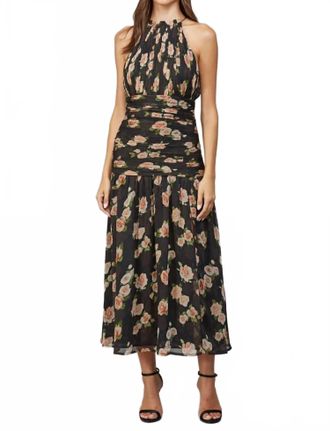 Fate Womens Rose Print Ruched Detail Halter Dress In Black Multi