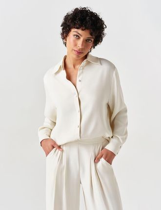 Ghost London Esther Collared Satin Shirt in Ivory at Nordstrom, Size 16