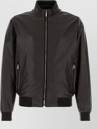 Moorer carasco leather jacket stand collar ribbed