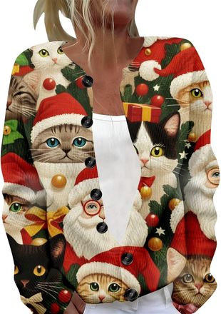 Generic Ladies Cardigan Button Down Christmas Cats Print Sweater Crewneck Warm Soft Knitted Jumper Xmas Novelty Long Sleeved Elegant Cardigans Large Size Dinn