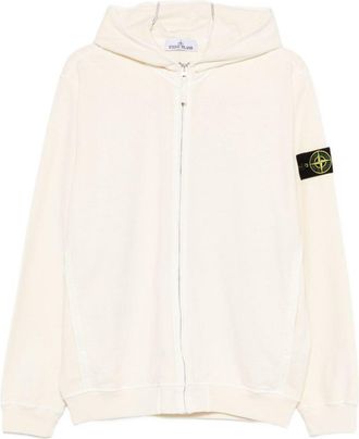 Stone Island Logo Patch Zip-Up Hoodie In Ivory Cotton