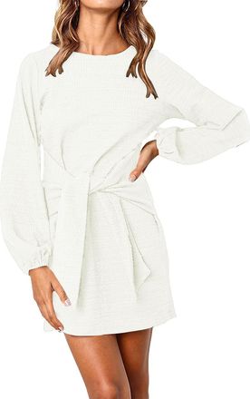 Generic Summer Dresses for Women UK, Long Lantern Sleeve Short Dress, Crewneck Tie Waist Knit, Mini Sweater Shift White