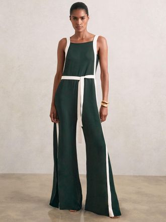 Reiss Dark Green & cream Colourblock Wide Leg Belted Jumpsuit, 14