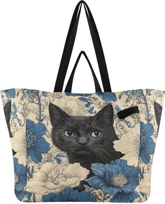 Generic Cat Blue Flowers pattern Reusable Canvas Tote Bag, Heavy Duty Grocery Shopping Bag with Double Handles Large Capacity Hard Bottom Work Groceries Trave
