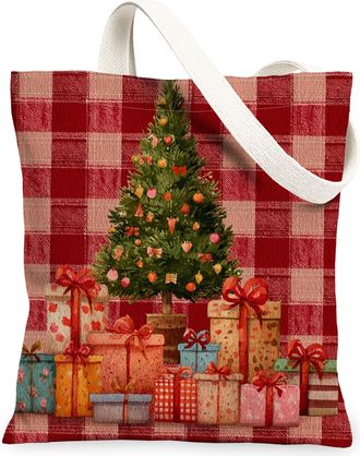Generic Christmas Canvas Tote Bags, Holiday Tree Pattern Reusable Grocery Bags, Cozy Plaid Lightweight Washable Shoulder Strap Canv, Red, 13x15 Inch
