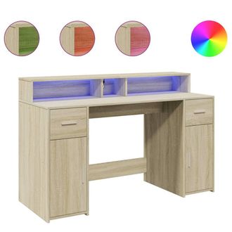 Berkfield Home Desk with LED Lights Sonoma Oak 140x55x91 cm Engineered Wood in Brown | Size: 140 x 55 x 91 cm