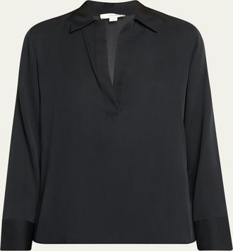 Vince Long-Sleeve Silk Pullover Polo Top