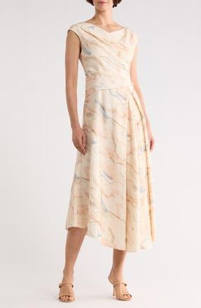 Lafayette 148 New York V-Neck Asymmetric Silk & Linen Midi Dress in Raffia Multi at Nordstrom Rack, Size 6