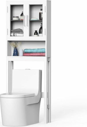 Costway Mobiletto da Bagno Sopra wc, Organizzatore da Bagno con Doppia Anta in Vetro Temperato e Ripiano Regolabile allInterno, Mobile da Bagno Salvaspazio