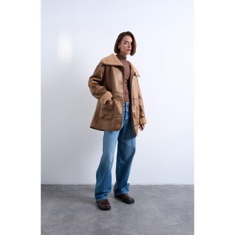 Topshop Patch Pocket Faux Shearling Coat in Tan at Nordstrom Rack, Size X-Small