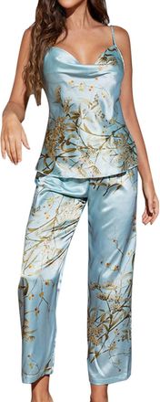 Generic Womens Silk Pyjamas Set, Women Pajamas Set Cotton Silky Two Piece Pajama Set Pj Loungewear Set With Long Pants Loungewear Sets For Women Womens Cherry