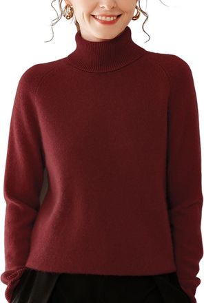 Dissa Women Cashmere Jumper Burgundy Roll Neck Knitted Jumper Long Sleeve Relaxed Cashmere&Wool Thick Plain Ladies Sweater,UK 8,MH560