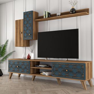 Dmora Pared Modular Vanzago, Mueble De Sala Ajustable, 8 Estantes, 4 Puertas, Marr&oacute;n Nogal
