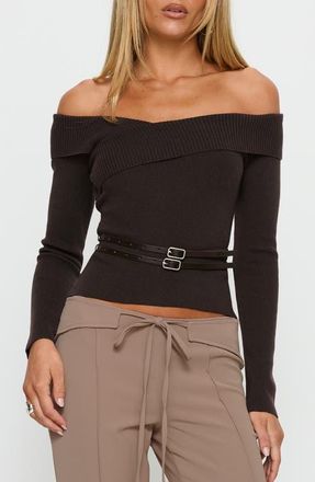 Princess Polly Ellenore Double Belt Off the Shoulder Top in Brown at Nordstrom, Size 10