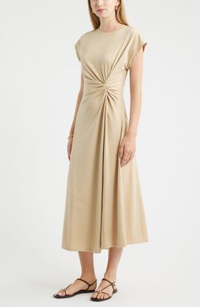 Nordstrom Crew Neck Side Twist Midi T-Shirt Dress in Tan Safari at Nordstrom, Size Xx-Small