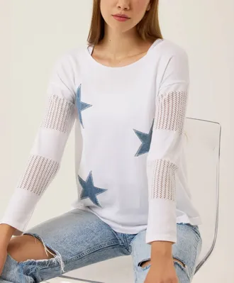 French Kyss Long Sleeve Star Top In White/denim