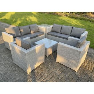 Fimous Fimous Light Grey Corner Rattan Garden Outdoor Sofa Set Chairs Sofa Side Table Square Coffee Table 8 Seater
