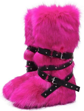Generic Womens Winter Knee High Boots Fluffy Faux Fur Boots With Thick Fleece Lining Cozy Snow Boots Available In Plus Sizes(Pink2,7.5)