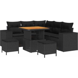 vidaXL Conjunto De Sof&aacute; De Jard&iacute;n Con Coj&iacute;n Con Almohada 8 Pcs Negro