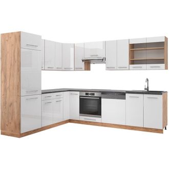 Vicco Cucina angolare completa Fame-Line, Bianco lucido/oro power oak, 227 x 287 cm, pl Antracite
