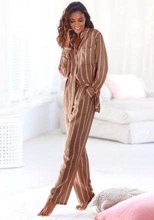 Lascana Pyjama LASCANA, Damen, Gr. 32/34, braun (braun gestreift), Single Jersey, Obermaterial: 50% Baumwolle, 50% Viskose, gestreift, bequem lang, eingesetzt