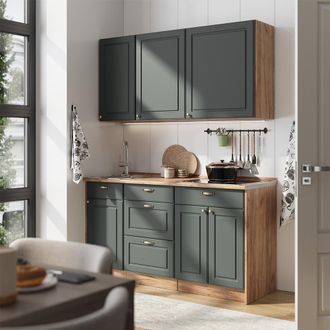 Vicco Cocina Para Solteros Fame-line, Verde Dorado Casa De Campo/roble Dorado, 150 Cm, Et Antracita, Vicco