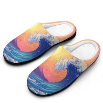 Generic Great Wave Sun Mens House Slippers Memory Foam Washable Cotton Slip on Home Shoes