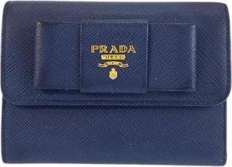 Prada Pre-owned Leather Fiocco Ribbon Compact Wallet - Dames - Vintage Accessoires - Blauw - ONE Size - Leer - Vintage