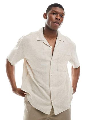Only & Sons linen mix relaxed resort shirt in beige-Black
